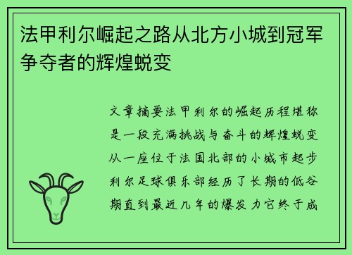法甲利尔崛起之路从北方小城到冠军争夺者的辉煌蜕变