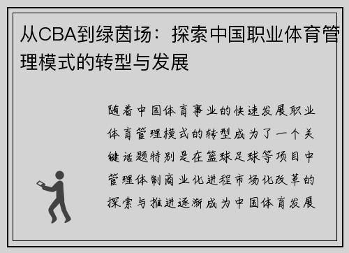 从CBA到绿茵场：探索中国职业体育管理模式的转型与发展