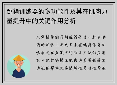跳箱训练器的多功能性及其在肌肉力量提升中的关键作用分析
