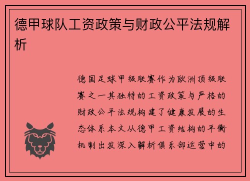 德甲球队工资政策与财政公平法规解析