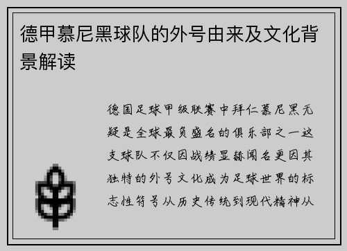 德甲慕尼黑球队的外号由来及文化背景解读